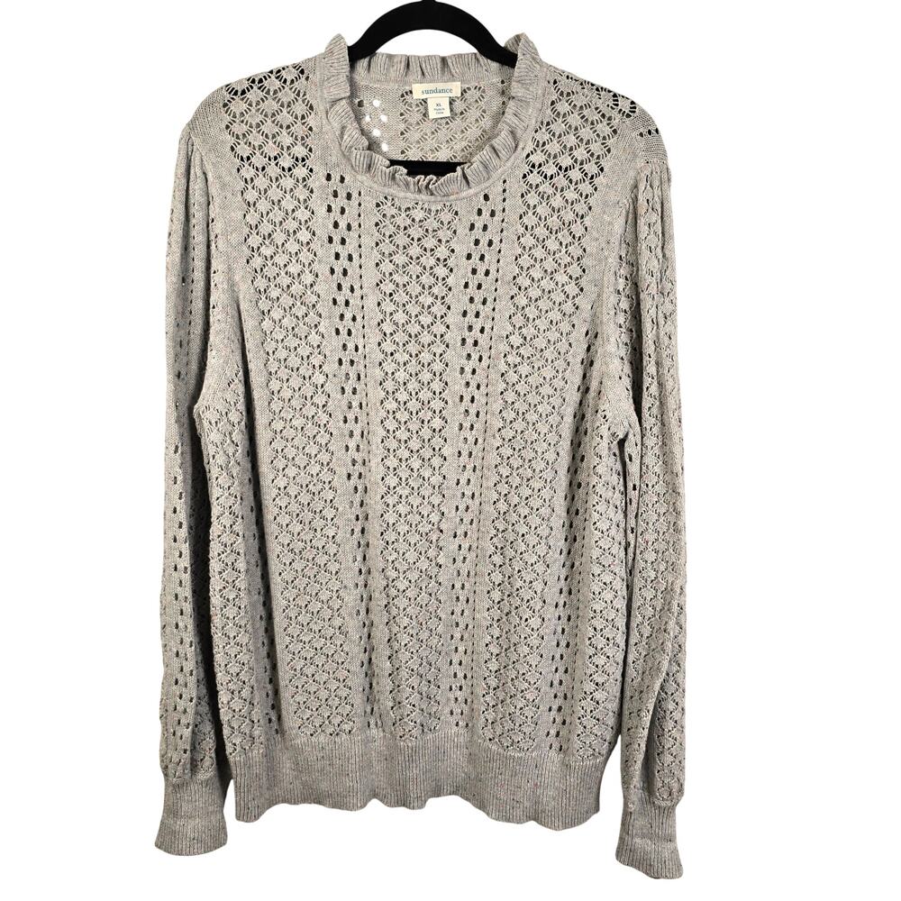 Sundance Pointelle Sweater Women's XL Gray Pink Speckle Balloon Sleeve Feminine
